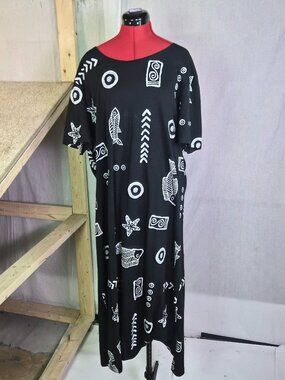 Copa Cabana Black Hawaiian Sea Life Printed Maxi Dress Size 1X Made USA VTG G050